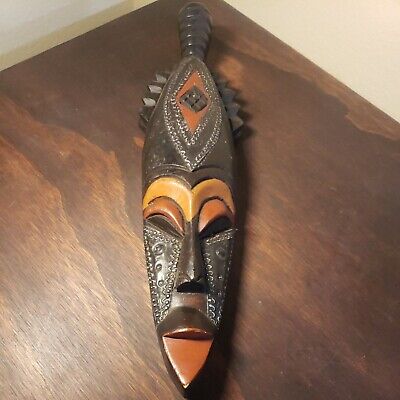 African Tribal Art Mask Handmade Ghana Wood Metal Long face Red brown silver