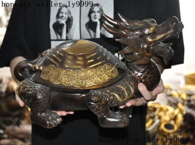 China Bronze Gilt Longevity Animals dragon Turtle loong dragon Tortoise statue