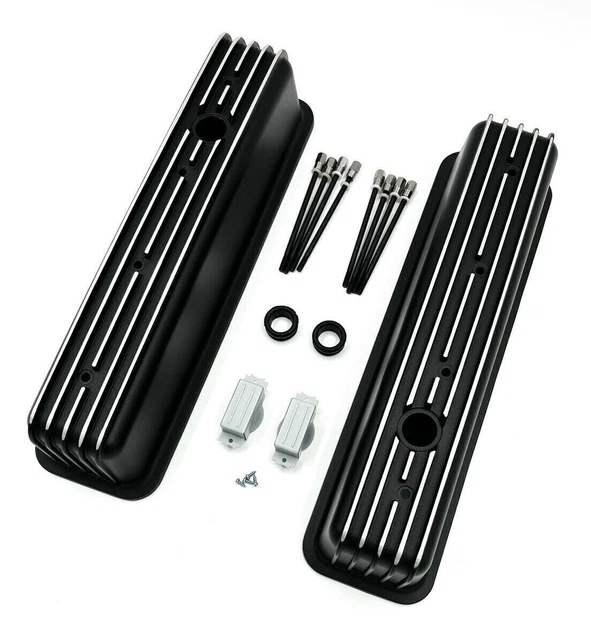 BLACK TALL FINNED Aluminum Valve Covers Small Block Chevy 350 Vortec