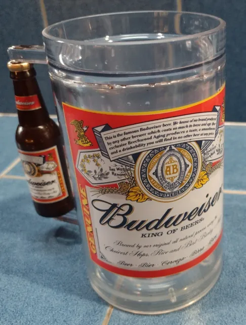 Vintage BUDWEISER Beer FROSTY MUG "Genuine" Red Label and Bud Bottle Handle NEW