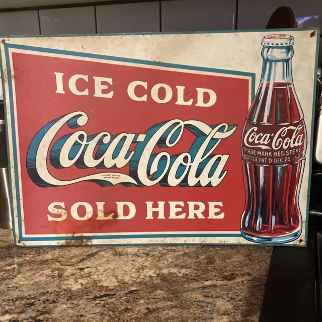 Vintage Coca-Cola Advertising Tin Sign Ice Cold Sold Here - 1989 - Nice Patina