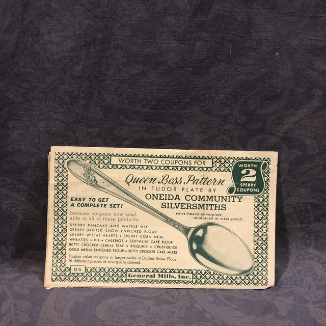 General Mills, Inc recipe sheet and copuns for Oneida Queen Bess Pattern