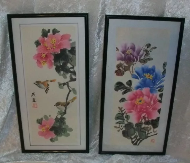 Chinese Floral Bird Brush Paintings Pink Blue Purple Artist Signed Pair (2)