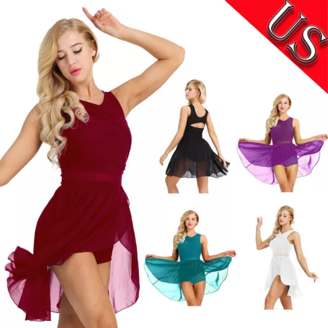 US Women's Ballet Dance Costume Leotard V-Neck Asymmetric Lyrical Dance Dresses