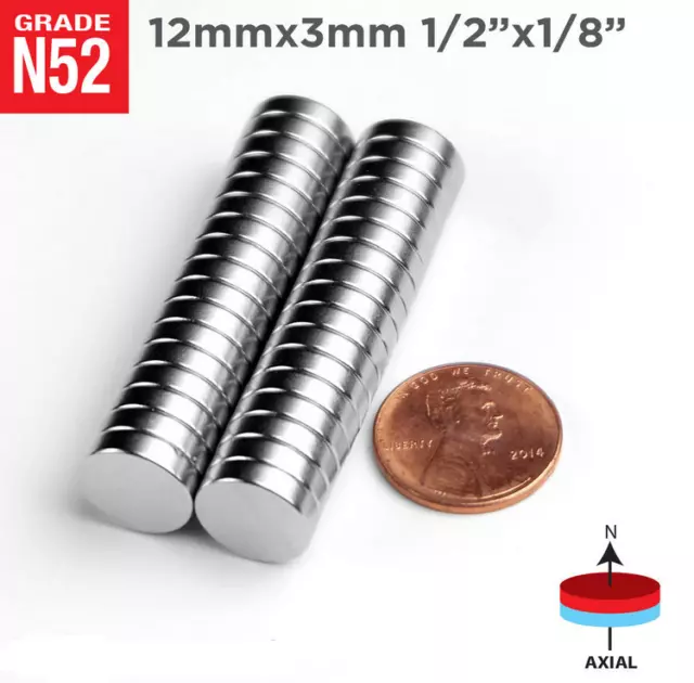 25 50 100pc 12mm x 3mm 1/2" x 1/8" N52 Strong Rare Earth Neodymium Magnets Disc