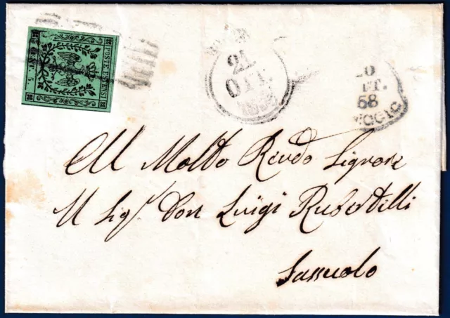 Modena - 1858 – Lettera da Reggio a Sassuolo resa franca con cent. 5 verde (n.7)