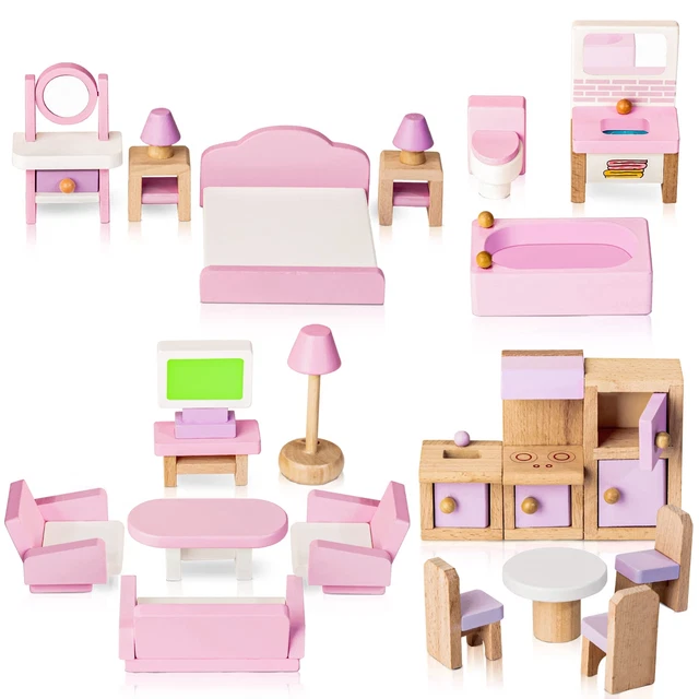 Kit Meubles Maison De Poupées En Bois 5 Pièces - 22 Accessoires Miniatures Cuisine Salon Chambre