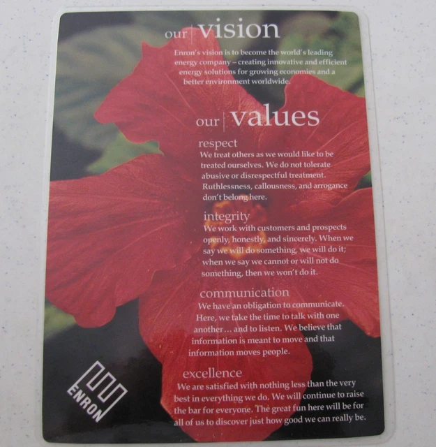 Enron Vision & Values Laminated Card Enron Vision & Values Laminated Card