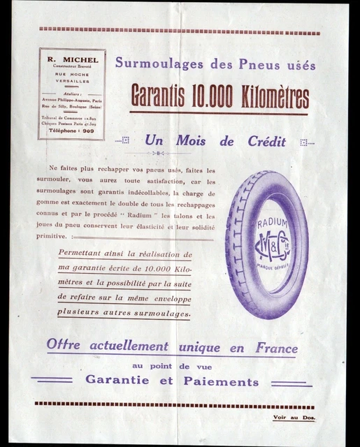 VERSAILLES / BOULOGNE (78 / 92) PNEUS RADIUM "R. MICHEL Constructeur" en 1925