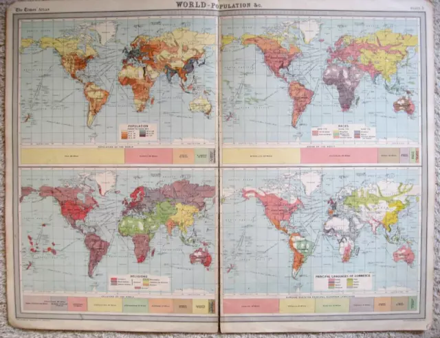 Map 1922 World Population Times Atlas Races Religion Language Plate 5 17½" x 23”