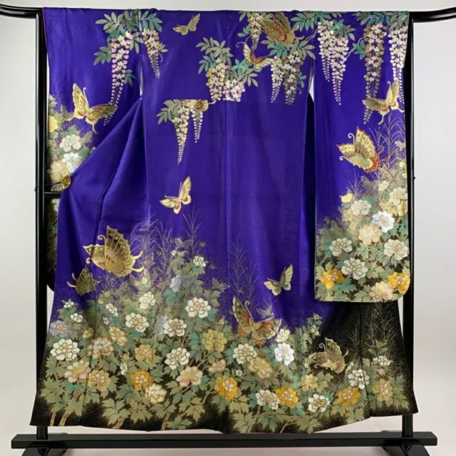 Woman Japanese Kimono Furisode Silk Butterfly Peony Gold Silver Foil Purple