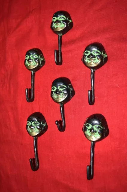 Brass Lucky Man Hook Set of 06 Wall Hooks Laughing Buddha Face Hanger Set EK625