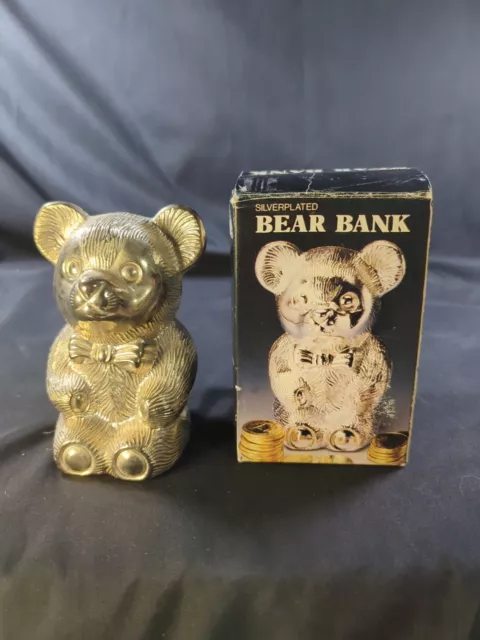 5" Vintage Teddy Bear Metal Coin Bank Money Silverplated Metallic Heavy Unique