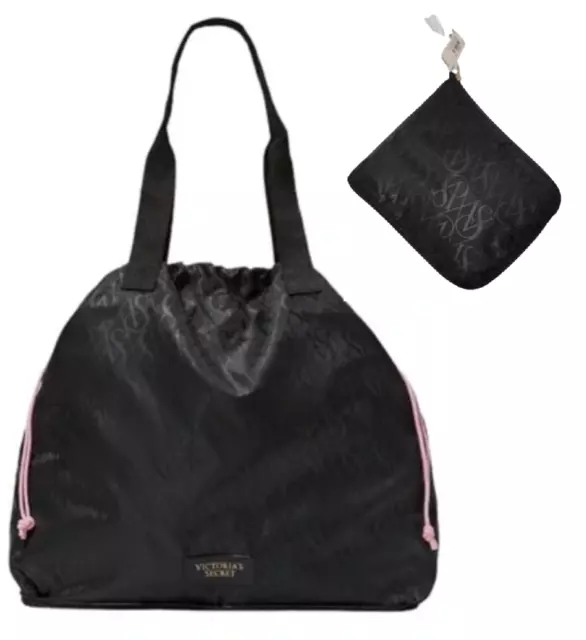 VICTORIAS SECRET LIGHTWEIGHT PACKABLE OVERNIGHT TOTE BAG BLACK PINK 18"x16" NWT