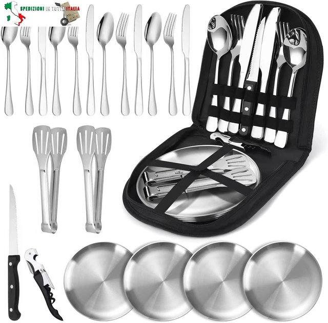 HONZIN Set di Posate da Campeggio 3 In 1 in Acciaio Inox, Utensili Staccabili, Kit da Tavola per Coltello Forchetta Cucchiaio, Kit da Viaggio Escursionismo Posate Portatili, con Custodia con Coulisse