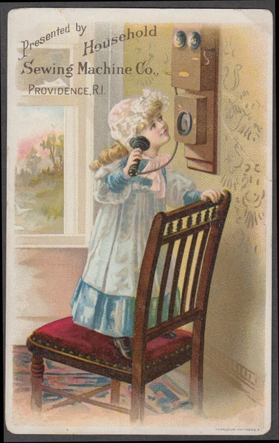 Houeshold Sewing Machine Providence RI trade card 1880s girl on crank wall phone