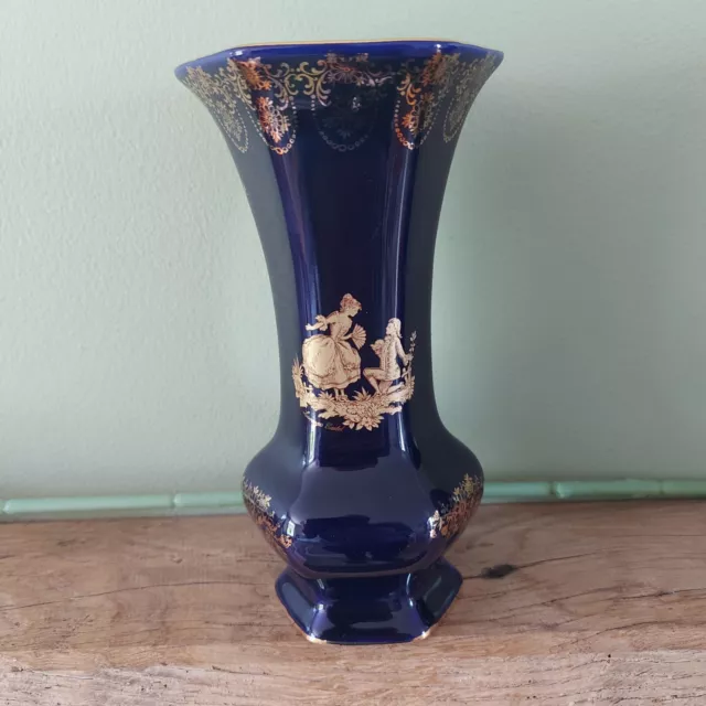 Vintage LIMOGES cobalt blue porcelain vase. Castel 22ct Gold .