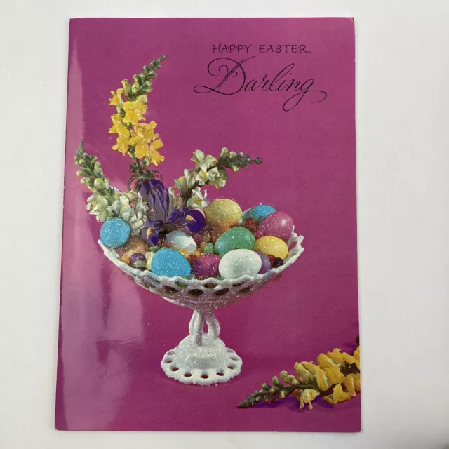 Vintage Mid Century Easter Greeting Card Glitter Eggs In White Dish Flowers 2
