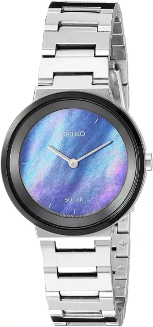 Seiko Solar SUP385 Silver Tone Blue MOP Dial Womens Dress Watch