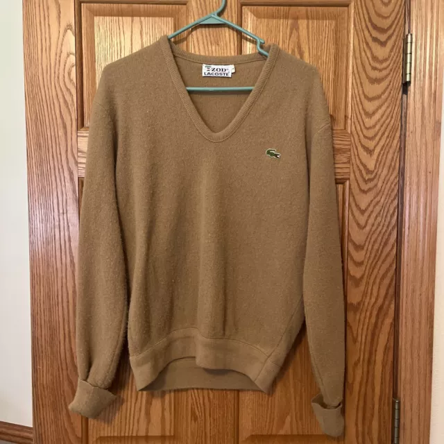 Vintage IZOD Lacoste Sweater Mens Large Tan Beige V Neck Long Sleeve Knit