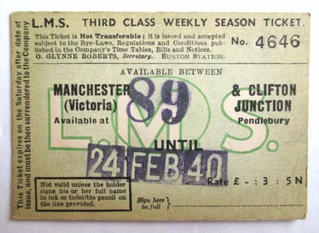 LMS Weekly Season Ticket 3rd Manchester Victoria to Clifton Junction 4646 Used
