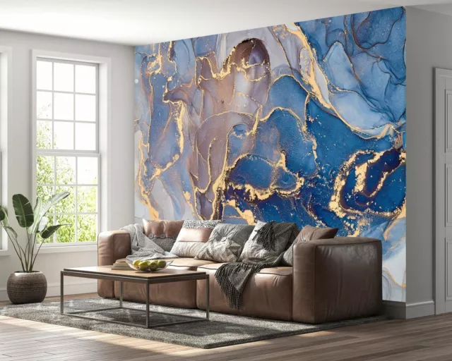 Stunning Blue Gold Marble Peel & Stick Wallpaper - Removable, Office Wall Decor