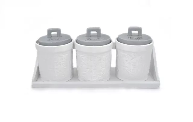 Set 3 Tris Barattoli da Cucina Sale Zucchero Caffe' con Mensola Grigio