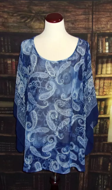 Dressbarn Top Blouse 3X Blue Paisley Womens Round Neck Short Kimono Sleeve Sheer