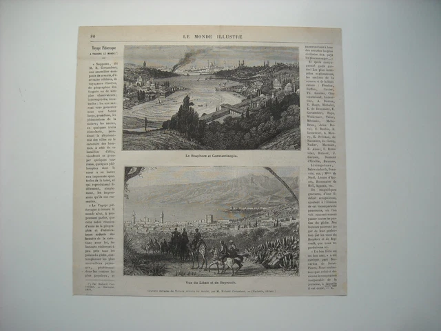 Gravure 1877. Le Bosphore Et Constantinople. Vue Du Liban Et Beyrouth.