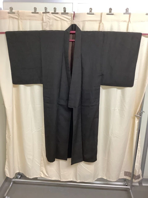 Japanese Vintage Kimono pure silk dark brown tradition length 52.75 inch used
