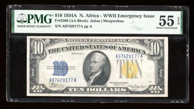 DBR 1934-A $10 North Africa Silver Fr. 2309 PMG 55 EPQ Serial A97429177A