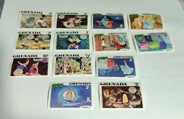 Vintage Grenada 1980 Christmas Snow White Seven Dwarfs Postage Stamps 13 Stamps