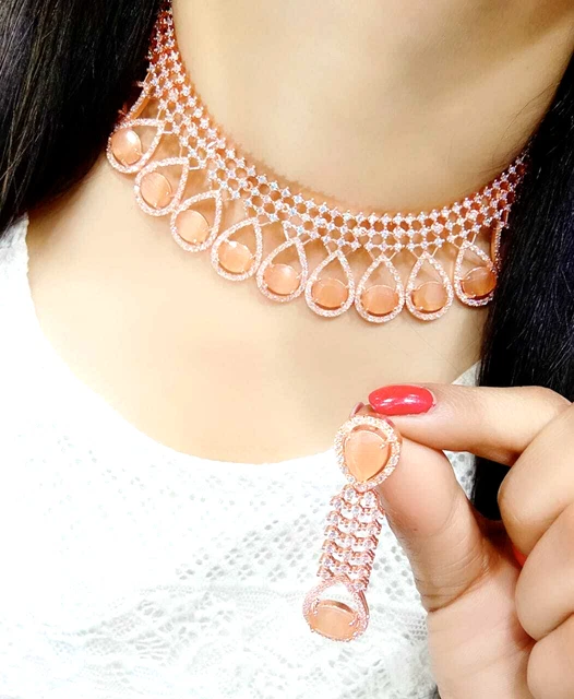 Choker Necklace Earrings Yellow Fashion Jewelry Party Wear Women Indian Lady