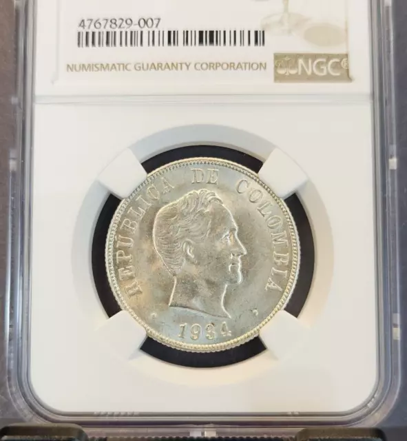 1934 Colombia Silver 50 Centavos 50C Ngc Ms 63+ Beautiful Bright Smooth Luster 3