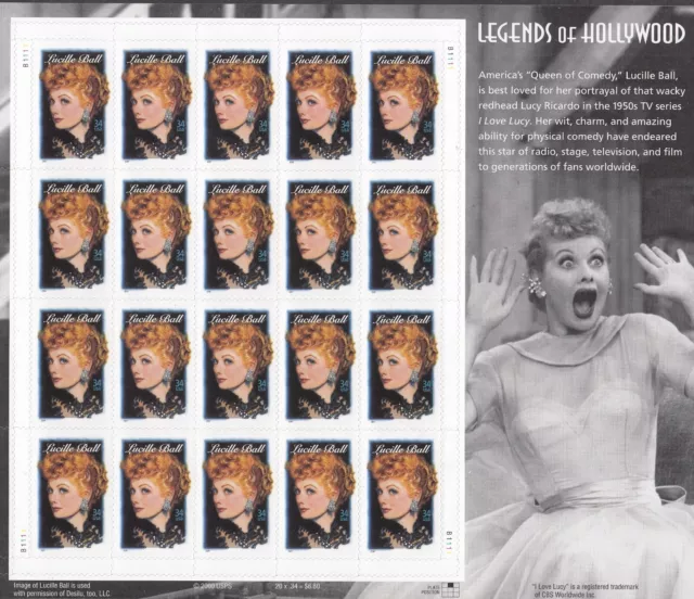 Lucille Ball Mint Sheet of 20 Stamps, Scott #3523, MNH, Free Shipping! Nice!