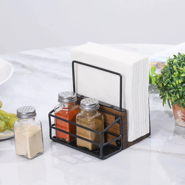 Rustic Brown Wood & Black Metal Wire Napkin Holder w/ Glass Salt & Pepper Shaker