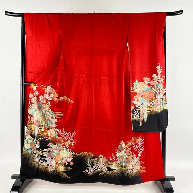 Japanese Silk Kimono Vintage Furisode Gold Flowers Car Cloud Pattern Red 62"