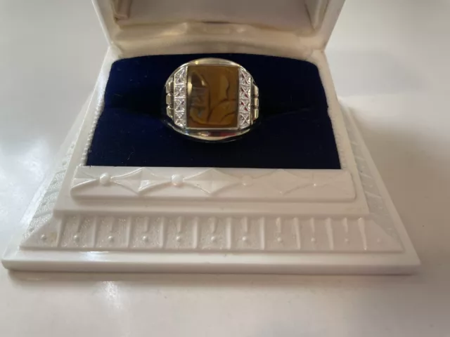 Heavy Psco Men's Sterling & 10K Gold Carved Tiger's Eye Roman Soldier Cameo Ring