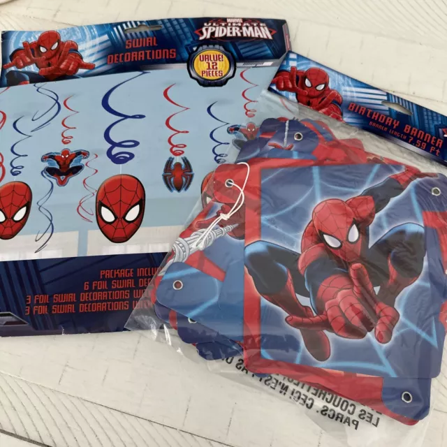 Marvel Ultimate Spiderman Happy Birthday Banner and Swirl Party Decorations Lot