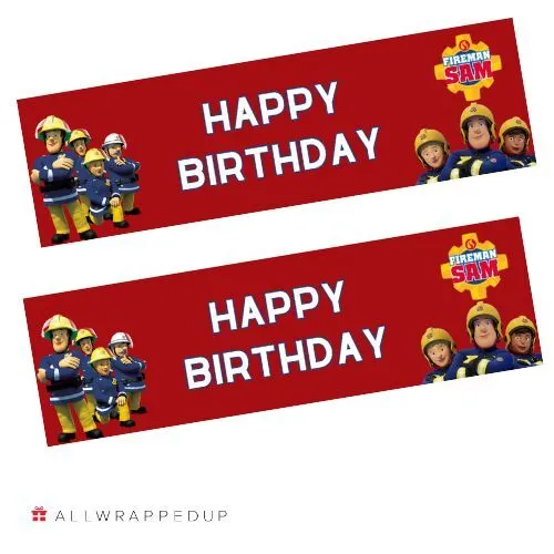 2x unofficial Personalised Fireman Sam Happy Birthday banners,1mx30cm, Red