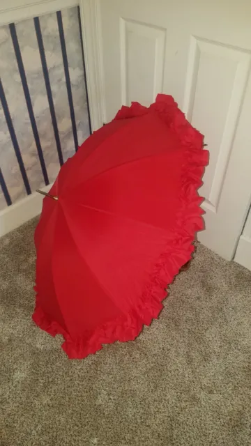 Schertz All Nylon Parasol Umbrella Carved Wood Handle RED