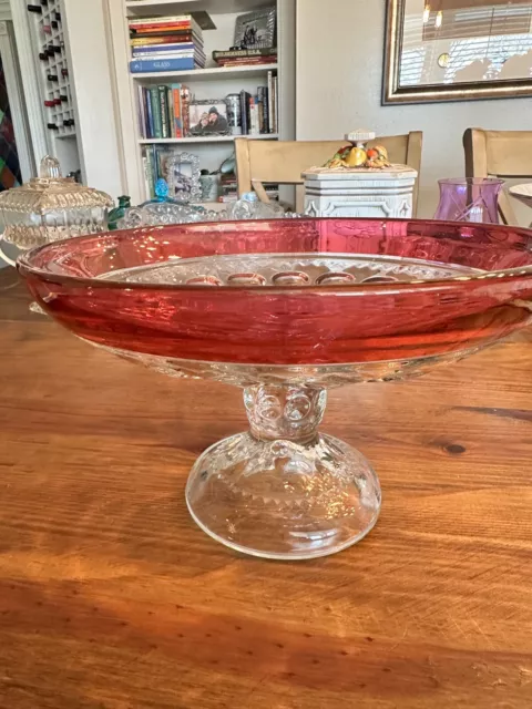 Vintage  Ruby Red Flash Kings Crown COMPOTE BOWL  6” Tall x 10” Wide