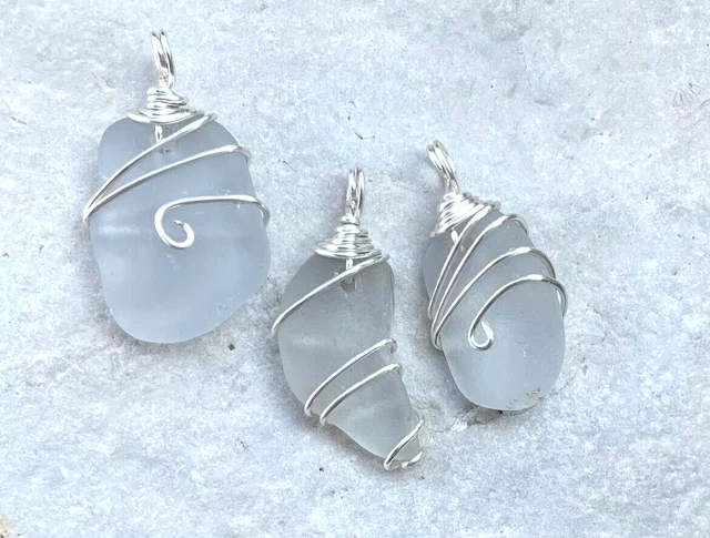 3 Genuine GRAY SEA GLASS Necklace Jewelry Pendants Silver Wire Wrapped Charms