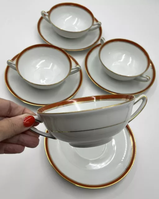 Haviland Limoges "Ambassade" Cream Soup Cup/Saucer Set Gold Trim Terra Cotta Lot