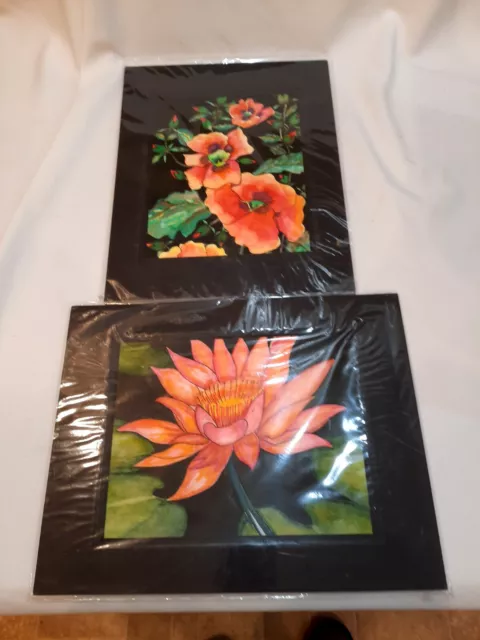 2 Black Matted Floral Prints - beautiful flowers - standout coloring.