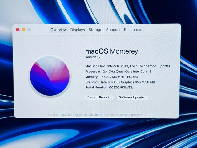 Apple MacBook Pro 13" 2019 ID Touch Bar Intel Quad Core i5 2.4Ghz 16GB 256 GB unità di memoria a stato solido 17