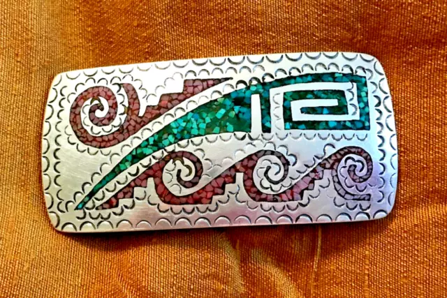 Vtg Navajo William Singer Belt Buckle Sterling Silver Turquoise Coral Chip Inlay