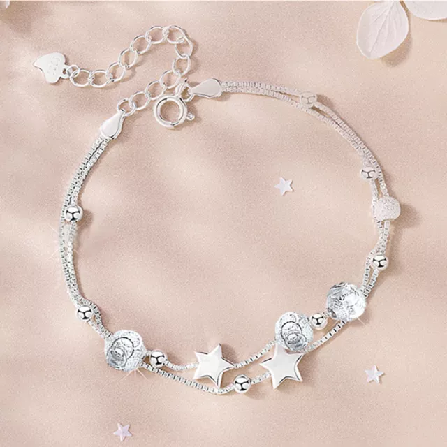 Women 925 Solid Sterling Silver Bracelet Star Bead Bangle Ladies Charm Jewellery