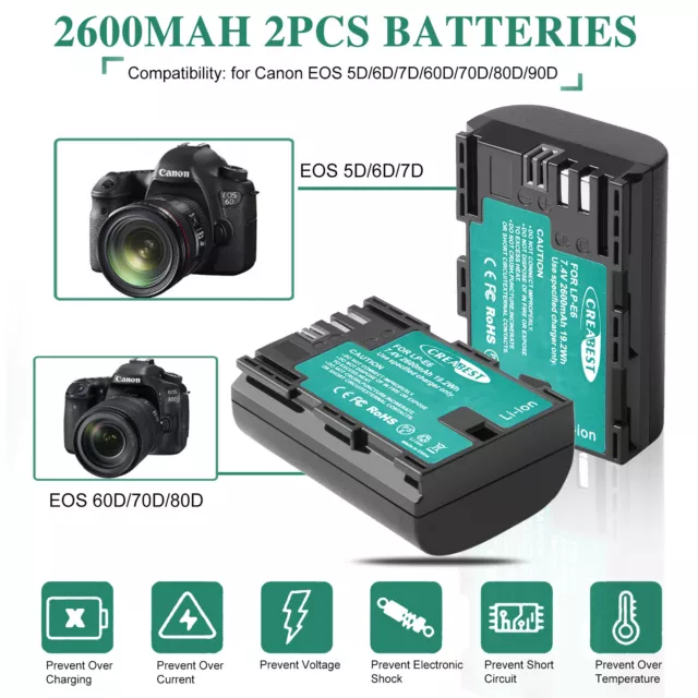 2Pcs LP-E6 LP-E6N Battery+ Dual Charger For Canon EOS 90D 60D 5DS 6D II 70D 80D 2