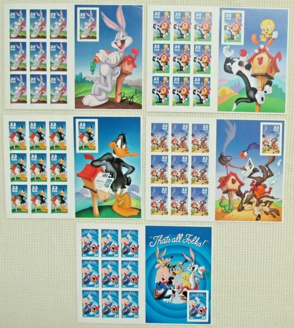 Five Booklets x 10 = 50 of LOONEY TUNES Bugs Bunny Complete Set US Postage Stamp